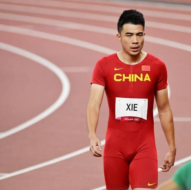 Xie Wenjun of China reacts in the Men's 110m Hurdles Round 1 - Heat 4 on day eleven of the Tokyo 2020 Olympic Games at Olympic Stadium on August 3,...