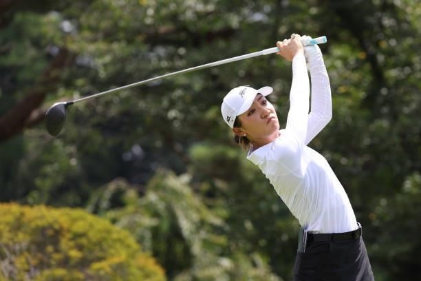 Lydia Ko of Team New Zealand plays her shot from the fourth tee during the first round of the Women's Individual Stroke Play on day twelve of the...
