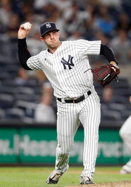 Brody Koerner of the New York Yankees in action against the Baltimore Orioles at Yankee Stadium on August 03, 2021 in New York City. The Yankees...