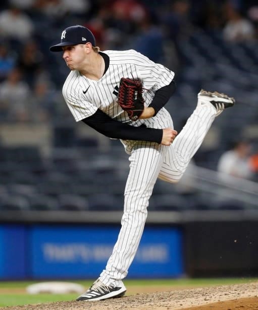 Brody Koerner of the New York Yankees in action against the Baltimore Orioles at Yankee Stadium on August 03, 2021 in New York City. The Yankees...