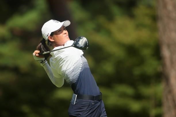 Celine Boutier of Team France plays her shot from the 18th tee during the first round of the Women's Individual Stroke Play on day twelve of the...