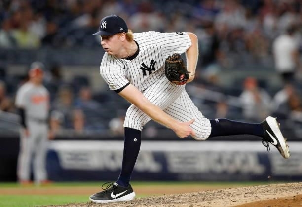 Stephen Ridings of the New York Yankees in action against the Baltimore Orioles at Yankee Stadium on August 03, 2021 in New York City. The Yankees...
