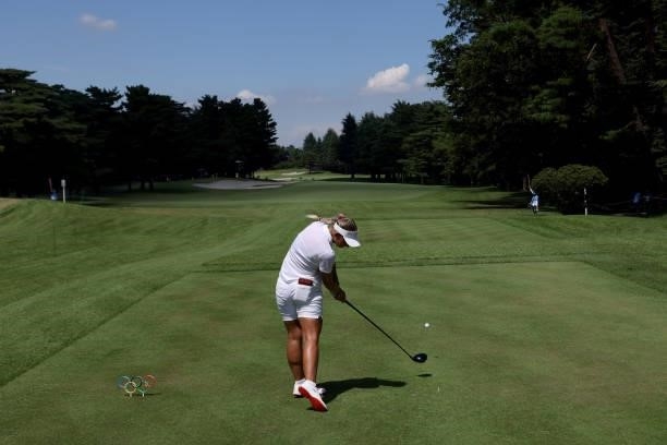Emily Kristine Pedersen of Team Denmark plays her shot from the 14th tee during the first round of the Women's Individual Stroke Play on day twelve...