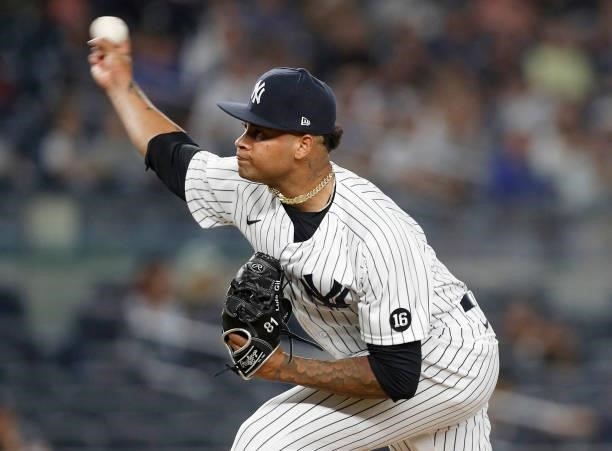 Luis Gil of the New York Yankees pitches during his major league debut against the Baltimore Orioles at Yankee Stadium on August 03, 2021 in New York...