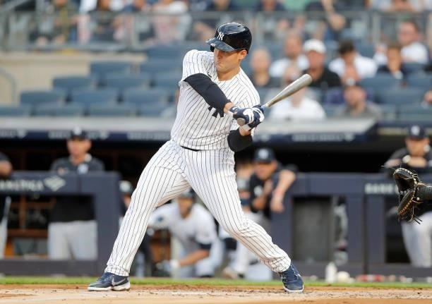 Anthony Rizzo of the New York Yankees in action against the Baltimore Orioles at Yankee Stadium on August 03, 2021 in New York City. The Yankees...