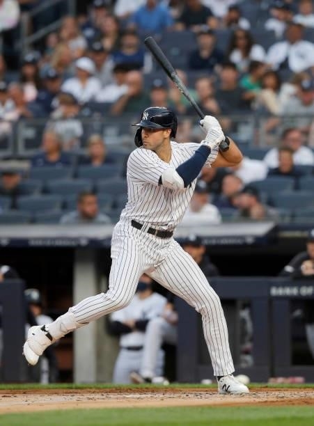 Joey Gallo of the New York Yankees in action against the Baltimore Orioles at Yankee Stadium on August 03, 2021 in New York City. The Yankees...