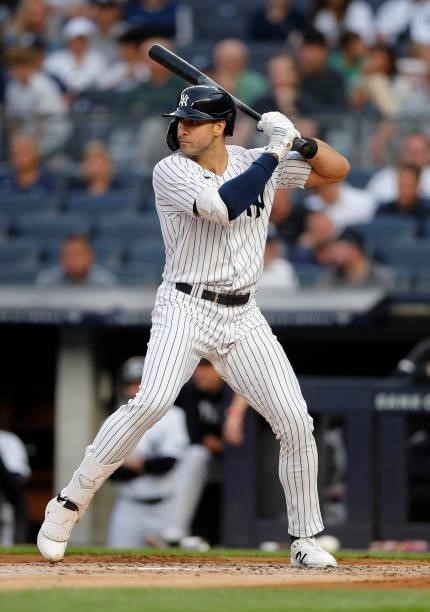 Joey Gallo of the New York Yankees in action against the Baltimore Orioles at Yankee Stadium on August 03, 2021 in New York City. The Yankees...
