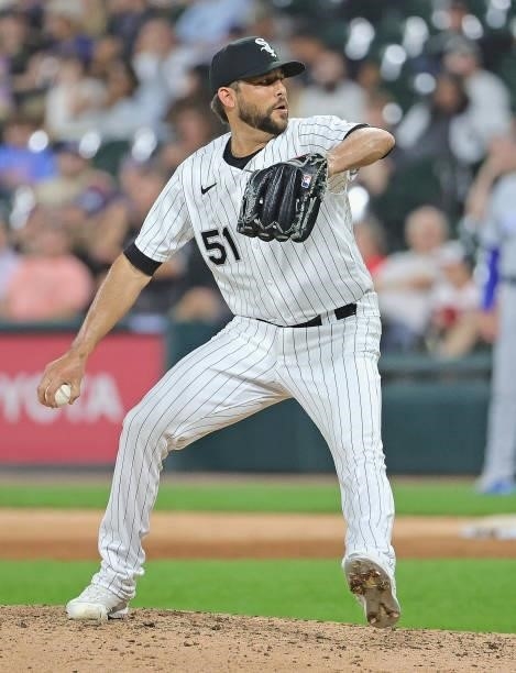 Ryan Tepera of the Chicago White Sox pitches the 9th inning against the Kansas City Royals at Guaranteed Rate Field on August 03, 2021 in Chicago,...