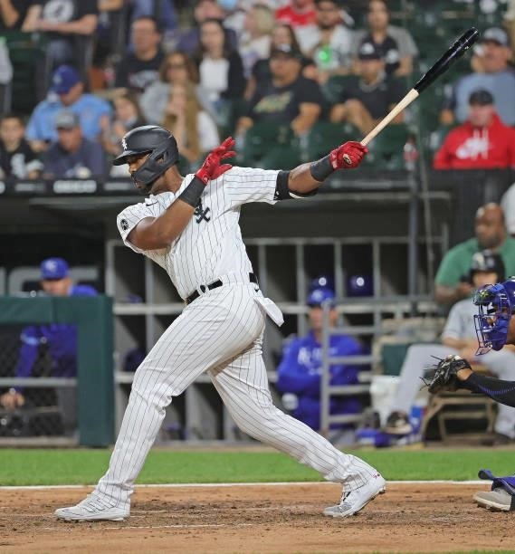 Eloy Jimenez of the Chicago White Sox bats against the Kansas City Royals at Guaranteed Rate Field on August 03, 2021 in Chicago, Illinois.