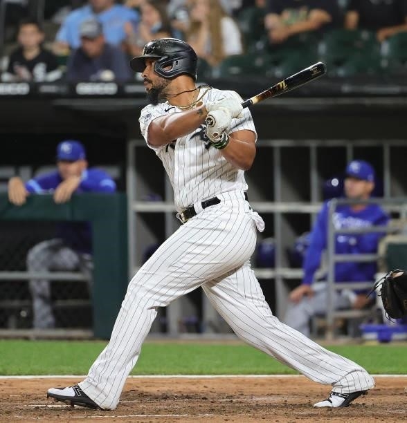 Jose Abreu of the Chicago White Sox hits a two run single in the 7th inning against the Kansas City Royals at Guaranteed Rate Field on August 03,...