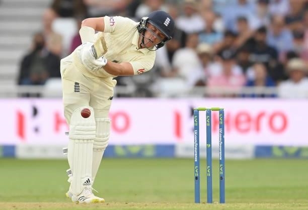 Sam Curran of England bats during the 1st LV= Test match between England and India at Trent Bridge on August 04, 2021 in Nottingham, England.