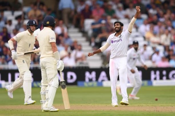 India bowler Jasprit Bumrah celebrates after dismissing Stuart Broad during day one of the First Test Match between England nd India at Trent Bridge...