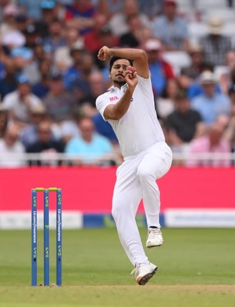 India bowler Shardul Thakur in bowling action during day one of the First Test Match between England and India at Trent Bridge on August 04, 2021 in...