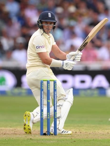 England batsman Sam Curran hits out during day one of the First Test Match between England and India at Trent Bridge on August 04, 2021 in...