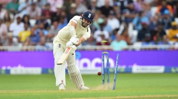 James Anderson of England is bowled by Jasprit Bumrah of India during day one of the First Test Match between England and India at Trent Bridge on...
