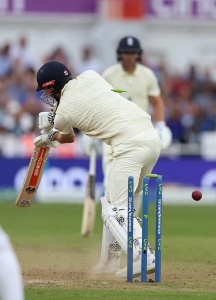 James Anderson of England is bowled by Jasprit Bumrah of India during day one of the First LV= Insurance test match between England and India at...