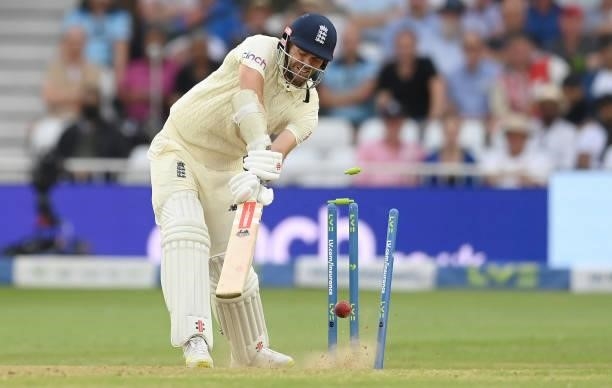 James Anderson of England is bowled by Jasprit Bumrah of India during the 1st LV= Test match between England and India at Trent Bridge on August 04,...