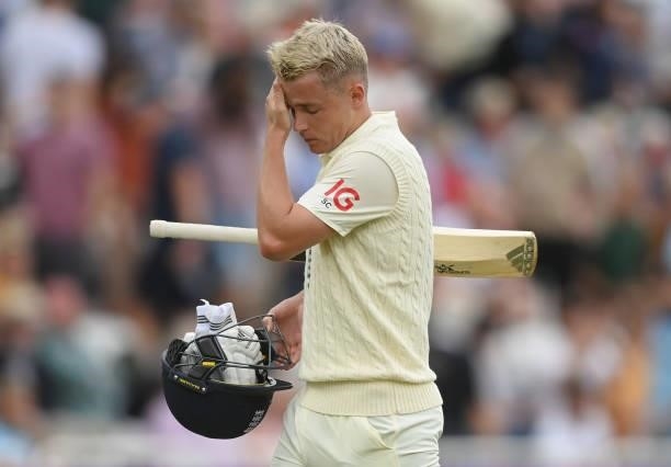 Sam Curran of England leaves the field not out during the 1st LV= Test match between England and India at Trent Bridge on August 04, 2021 in...