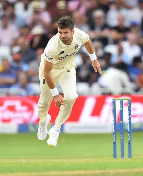 James Anderson of England bowls during day one of the First Test Match between England and India at Trent Bridge on August 04, 2021 in Nottingham,...