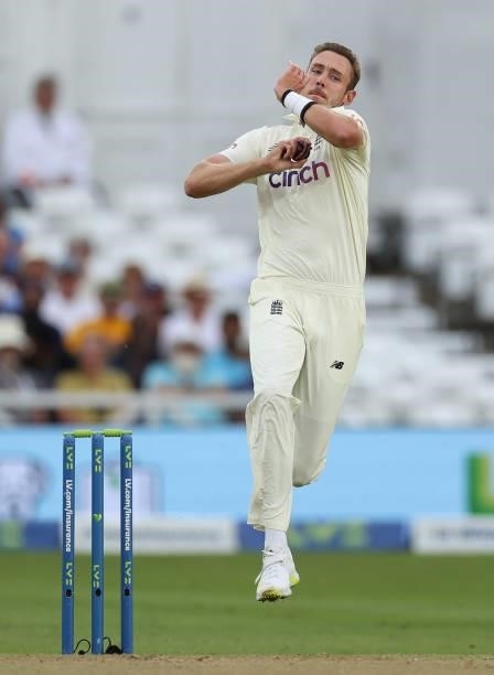 Stuart Broad of England bowls to Rohit Sharma of India during day one of the First LV= Insurance test match between England and India at Trent Bridge...