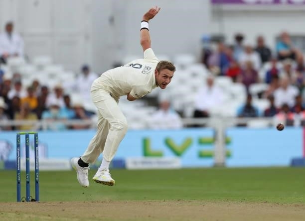 Stuart Broad of England bowls to Rohit Sharma of India during day one of the First LV= Insurance test match between England and India at Trent Bridge...
