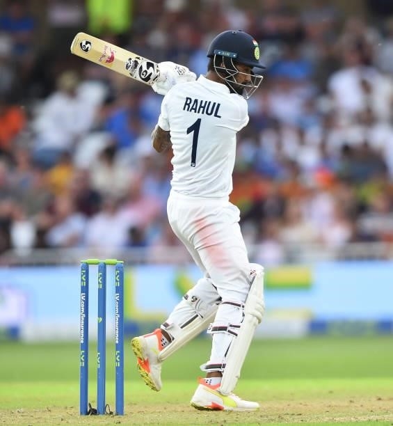 Kannaur Rahul of India bats during day one of the First Test Match between England and India at Trent Bridge on August 04, 2021 in Nottingham,...