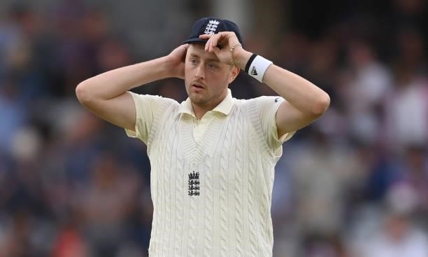 Ollie Robinson of England looks on during the 1st LV= Test match between England and India at Trent Bridge on August 04, 2021 in Nottingham, England.