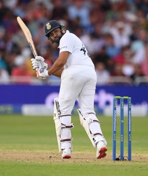India batsman Rohit Sharma picks up some runs during day one of the First Test Match between England nd India at Trent Bridge on August 04, 2021 in...