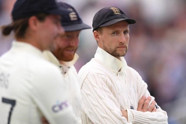 England captain Joe Root looks on during day one of the First Test Match between England and India at Trent Bridge on August 04, 2021 in Nottingham,...