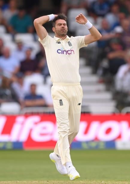 England bowler James Anderson reacts during day one of the First Test Match between England and India at Trent Bridge on August 04, 2021 in...