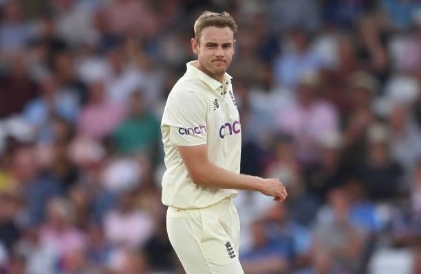 Stuart Broad of England looks on during the 1st LV= Test match between England and India at Trent Bridge on August 04, 2021 in Nottingham, England.