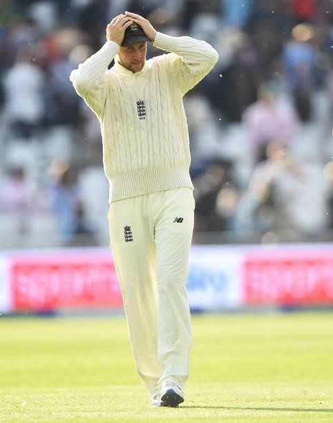 Joe Root of England looks on after day one of the First Test Match between England and India at Trent Bridge on August 04, 2021 in Nottingham,...
