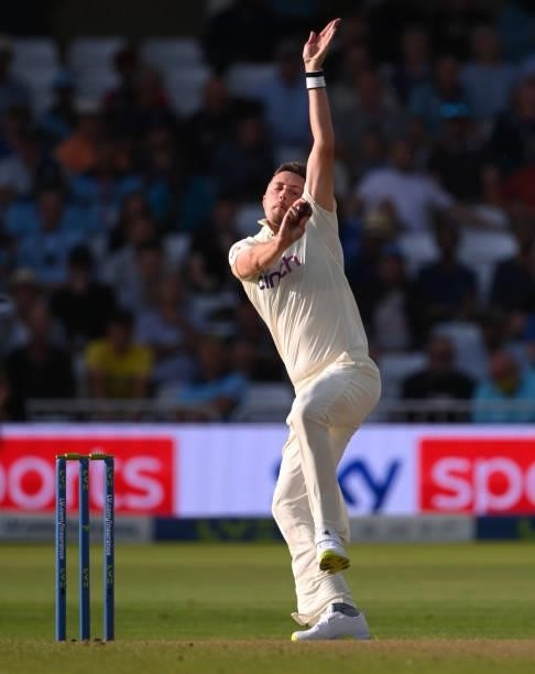England bowler Ollie Robinson in bowling action during day one of the First Test Match between England and India at Trent Bridge on August 04, 2021...