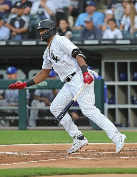 Eloy Jimenez of the Chicago White Sox bats against the Kansas City Royals at Guaranteed Rate Field on August 03, 2021 in Chicago, Illinois. The White...