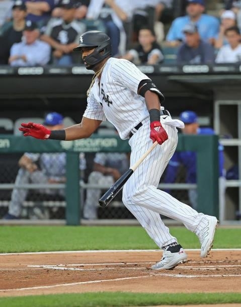Eloy Jimenez of the Chicago White Sox bats against the Kansas City Royals at Guaranteed Rate Field on August 03, 2021 in Chicago, Illinois. The White...