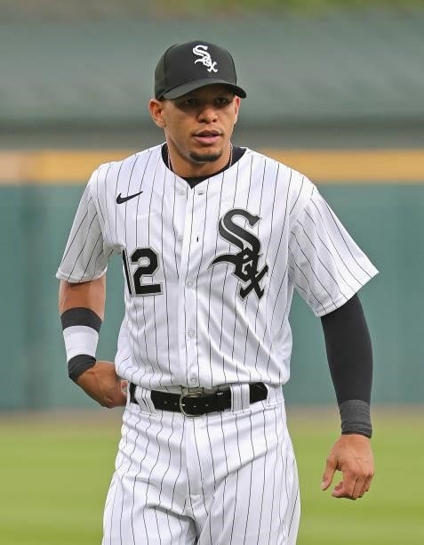 Cesar Hernandez of the Chicago White Sox warms up before a game against the Kansas City Royals at Guaranteed Rate Field on August 03, 2021 in...