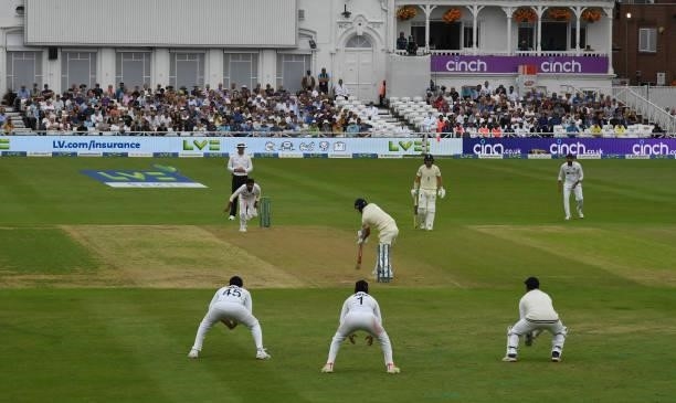 James Anderson of England is bowled by Jasprit Bumrah of India during the 1st LV= Test match between England and India at Trent Bridge on August 04,...