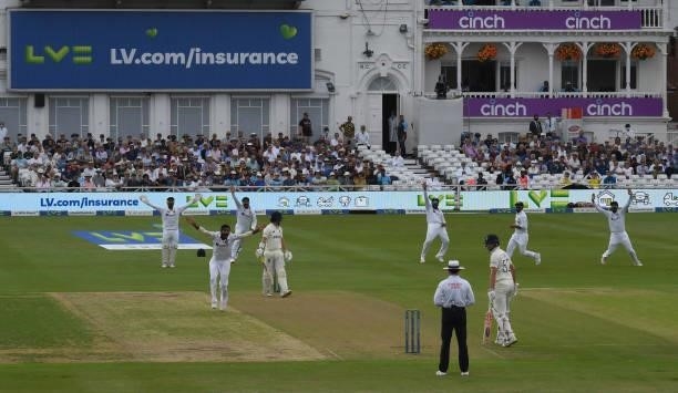 Jasprit Bumrah of India appeals and dismisses Rory Burns of England during the 1st LV= Test match between England and India at Trent Bridge on August...