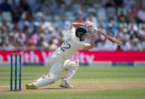 Dominic Sibley of England batting during day one of the First Test Match between England and India at Trent Bridge on August 04, 2021 in Nottingham,...