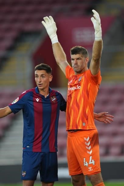 Fraser Forster of Southampton is marked by Pablo Martinez of Levante during a pre season friendly between Southampton and Levante at St Mary's...