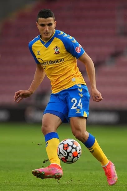 Mohamed Elyounoussi of Southampton in action during a pre season friendly between Southampton and Levante at St Mary's Stadium on August 04, 2021 in...