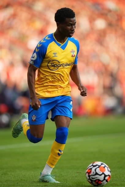 Nathan Tella of Southampton in action during a pre season friendly between Southampton and Levante at St Mary's Stadium on August 04, 2021 in...