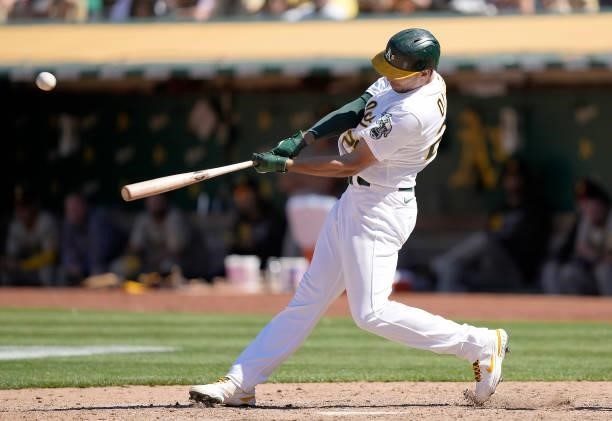 Matt Olson of the Oakland Athletics hits a walk-off, two-run double in the bottom of the 10th inning to defeat the San Diego Padres 5-4 at...