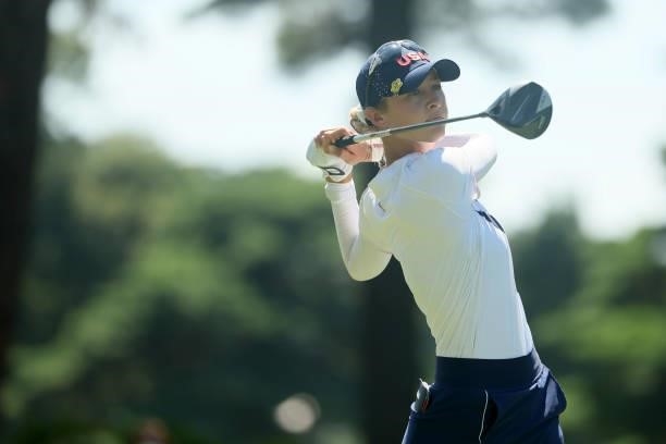 Nelly Korda of Team United States plays her shot from the 14th tee during the second round of the Women's Individual Stroke Play on day thirteen of...