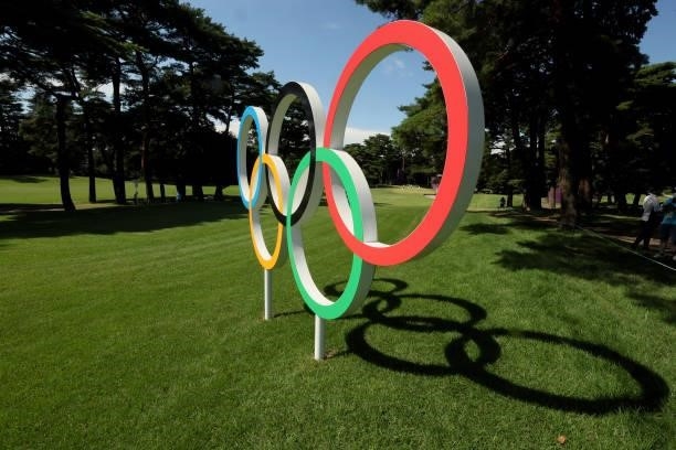 The Olympic rings are seen on the 16th hole during the second round of the Women's Individual Stroke Play on day thirteen of the Tokyo 2020 Olympic...