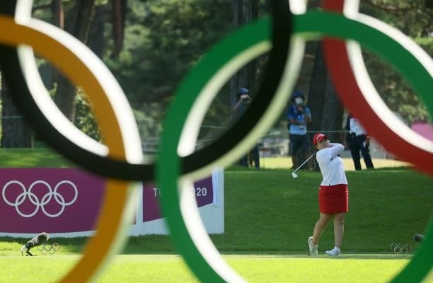 Inbee Park of Team South Korea plays her shot from the 16th tee during the second round of the Women's Individual Stroke Play on day thirteen of the...