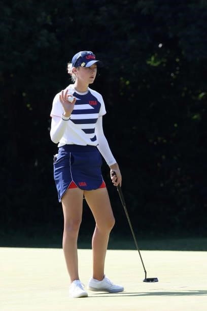 Nelly Korda of Team United States waves on the 17th green during the second round of the Women's Individual Stroke Play on day thirteen of the Tokyo...