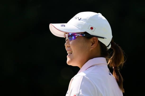 Nasa Hataoka of Team Japan smiles on the 17th green during the second round of the Women's Individual Stroke Play on day thirteen of the Tokyo 2020...