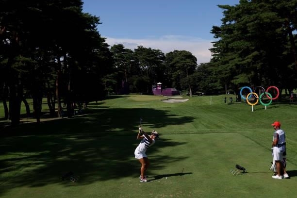 Lexi Thompson of Team United States plays her shot from the 16th tee during the second round of the Women's Individual Stroke Play on day thirteen of...