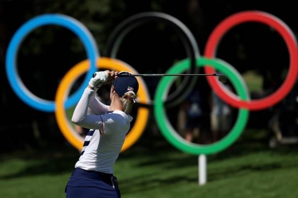 Nelly Korda of Team United States plays her shot from the 16th tee during the second round of the Women's Individual Stroke Play on day thirteen of...